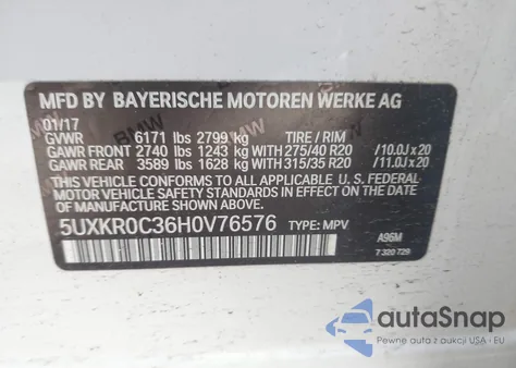 2017 BMW X5 xDrive35I z USA, uszkodzony, nr VIN 5UXKR0C36H0V76576